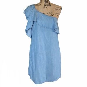 Gianni Bini Chambray Ruffle Denim Mini Dress One Shoulder Blue Size Small